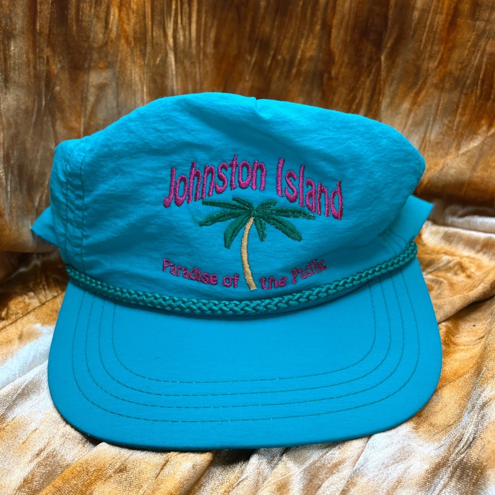 Neon Teal Vintage Johnston Island Cap with Palm Tree Embroidery Hat